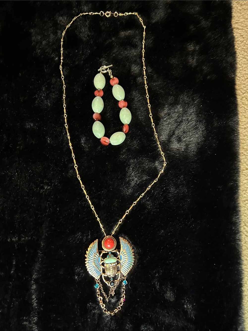 Rose Gold & Gold Tone-Egyptian Scarab Pendant Necklace with Mint & Coral Beads
